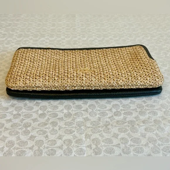 NWT COACH DOUBLE ZIP LARGE WALLET WRISTLET STRAW CAP26 LEATHER TOAST/BLACK - Picture 8 of 12